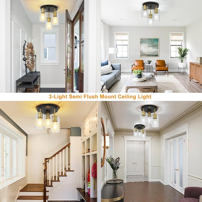 Black Flush Mount Ceiling Light Farmhouse Semi Flush Mount Ceiling Light Fixture with Seeded Glass Shades, 3-Light Black Gold Ceiling Light for Kitchen Hallway Foyer