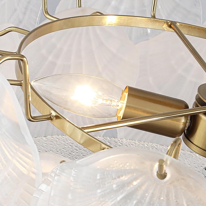ETONIMERR 19.7'' Modern Glass Chandelier for Dining Room, Gold Semi Flush Mount Ceiling Light with Glass Shell Petals, 3 Light Flower Chandelier for Bedroom Living Room Hallway Entryway