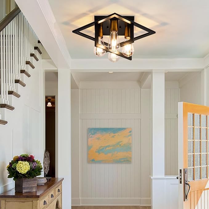 Semi Flush Mount Ceiling Light Fixture, 4 Light Industrial Ceiling Light,Black Frame & Gold Accent, Close to Ceiling Farmhouse Lighting for Kitchen, Bathroom, Bedroom, Hallway (E26,1-Pack)