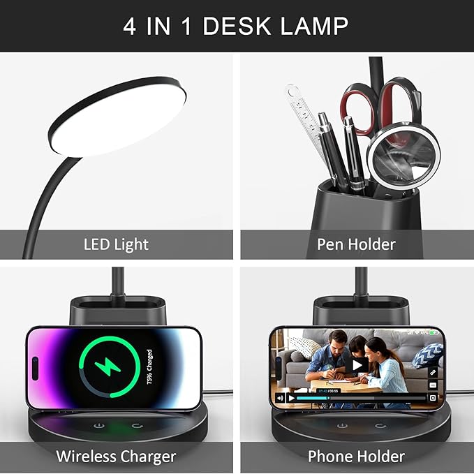 LED Desk Lamps with Pen Holder, Desk Lamp with Wireless Charger, Dimmable Touch Control Lamp with 3000k 4000k 5000k 3 Color Modes Adjustable, Black, Round Shaped