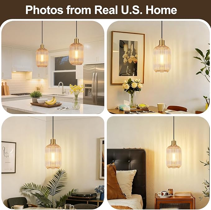 2 Pack Amber Cylinder Pendant Lights Kitchen Island with Ribbed Lampshade, Brushed Gold Hanging Light Fixture, Adjustable Pendant Lighting for Kitchen Island Sink Dining Room (Bulbs Not Included)