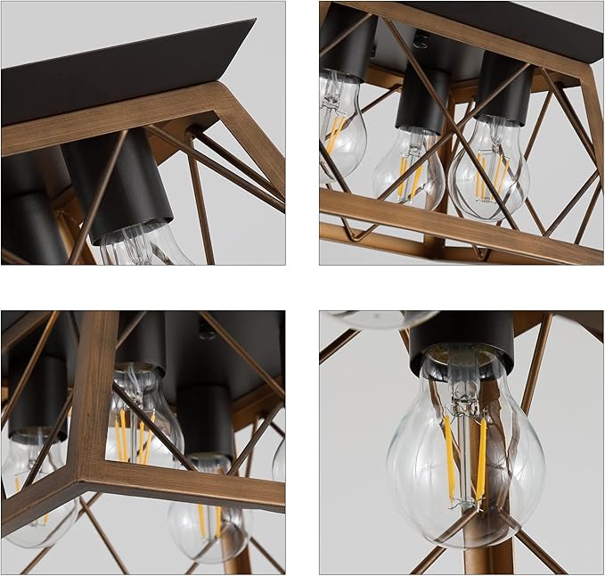 Q&S Semi Flush Mount Vintage 4-Light Bronze Farmhouse Ceiling Light Geometric Rustic Island Light Fixtures for Entryway Hallway Dining Room Living Room Bedroom