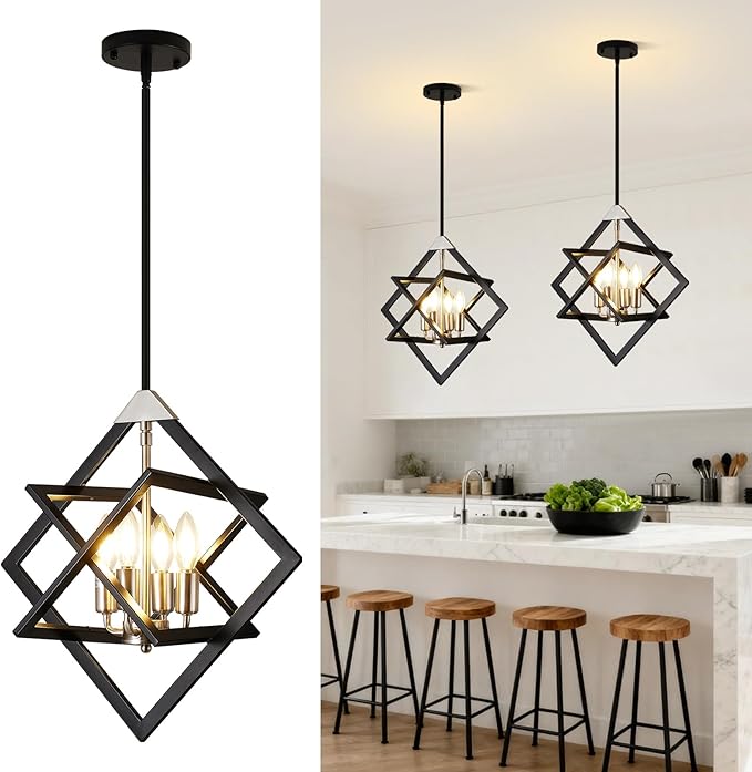 18" Modern Pendant Lights Kitchen Island, 4-Light Black + Brushed Nickel Pendant Light Fixtures, Farmhouse Chandelier Kitchen Island Lighting, Hanging Pendant Lights for Kitchen Island Entryway
