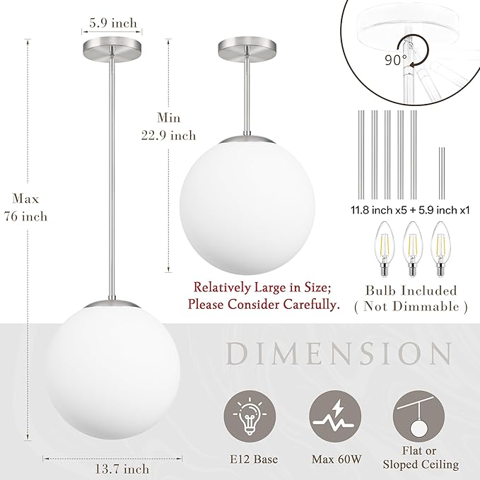 Bagood 14 Inch Globe Pendant Light Nickel Large Globe Pendant Lights Kitchen Island Mid Century Light Fixture with Milky White Glass Adjustable Hanging Lights for Living Room Foyer (Bulb Included)