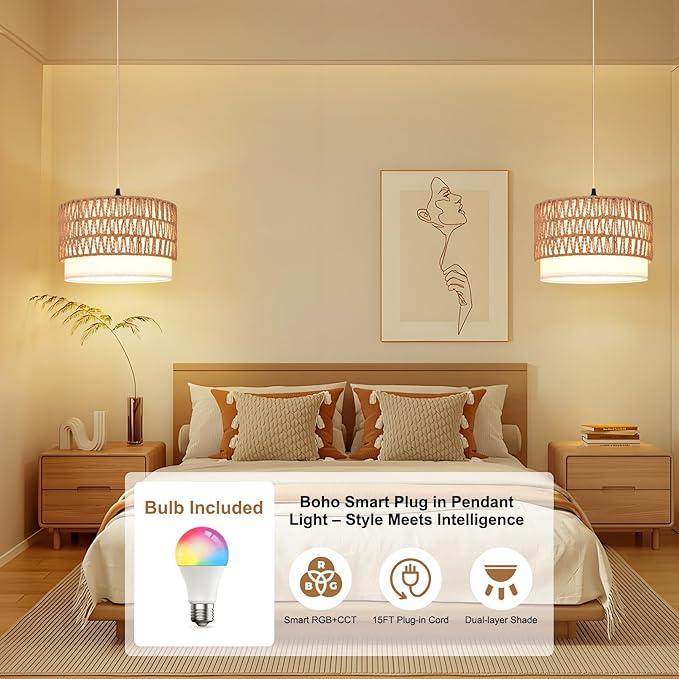 ZSLAIFU Hanging Lamp Plug in Pendant Light, 15FT Hanging Lights with Plug in Cord, Hanging Light with Smart RGBCCT Bulb and Remote, Hanging Lamps for Bedroom, Living Room, Kitchen, Farmhouse