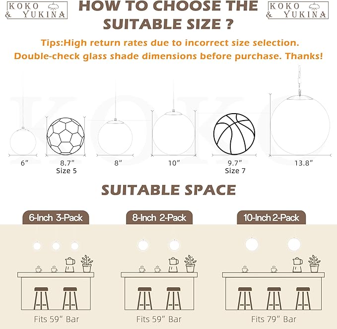 KoKo&Yukina 8 Inch Gold Pendant Light Globe Pendant Lights Kitchen Island Mid Century Light Fixture with Grey Glass Shade Adjustable Globe Cluster Lights for Dining Room Living Room