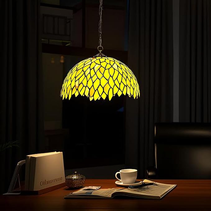 Tiffany Pendant Light Plug in Stained Glass Hanging lamp 12X12X181 Inch Hanging Lamp Living Room Bedroom Kitchen Dining Room Office(Yellow Wisteria)