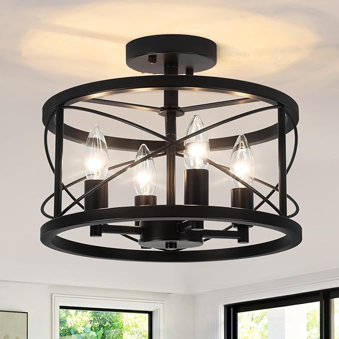 TOULMJ 4-Light Black Semi Flush Mount Ceiling Light, Farmhouse Modern Light Fixture, Hallway Light Fixtures Close to Ceiling Lighting Fixture for Kitchen Island Entryway Laundry Dining Room