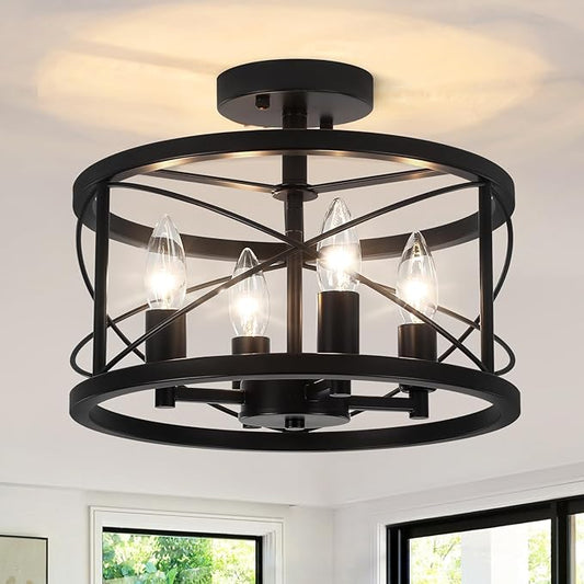 TOULMJ 4-Light Black Semi Flush Mount Ceiling Light, Farmhouse Modern Light Fixture, Hallway Light Fixtures Close to Ceiling Lighting Fixture for Kitchen Island Entryway Laundry Dining Room