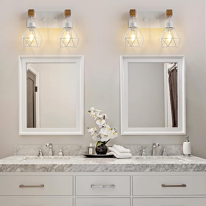 Farmhouse Vanity Light for Bathroom, 2-Light White Wood Bathroom Vanity Light Fixtures Over Mirror, Rustic Sconces Wall Lighting with Metal Lampshade for Living Room, Bedroom, Hallway