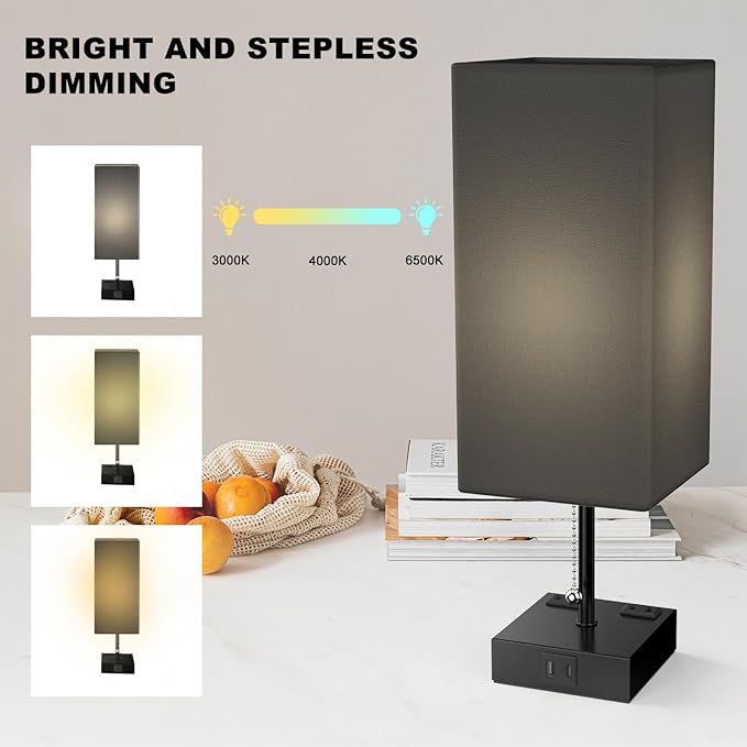 YIDPU Table Lamp for Bedroom with USB,Bedside Lamp with USB C+A Charging Ports,Adjustable 3color LED Light for Home Decor/Nightstand/Office,Included Bulb and Fabric Lamp Shade (Linen Black, 1PCS)
