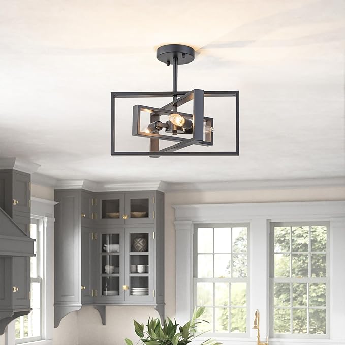 Modern Semi Flush Mount Ceiling Light, 3-Light Black Geometric Square Close to Ceiling Light Fixture, E12 Base Farmhouse Lighting for Hallway Foyer Bedroom