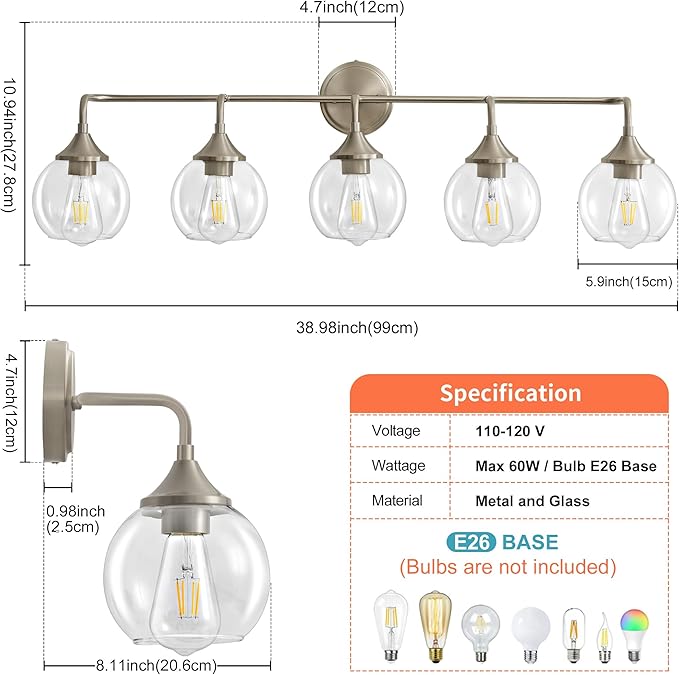 Bathroom Vanity Lights with Clear Glass Shade, E26 Base, Vanity Lighting Fixtures Over Mirror, 39 Inch Vanity Lights for Bathroom (Exclude E26 Bulb) (Brushed Nickel, 5-Lights)