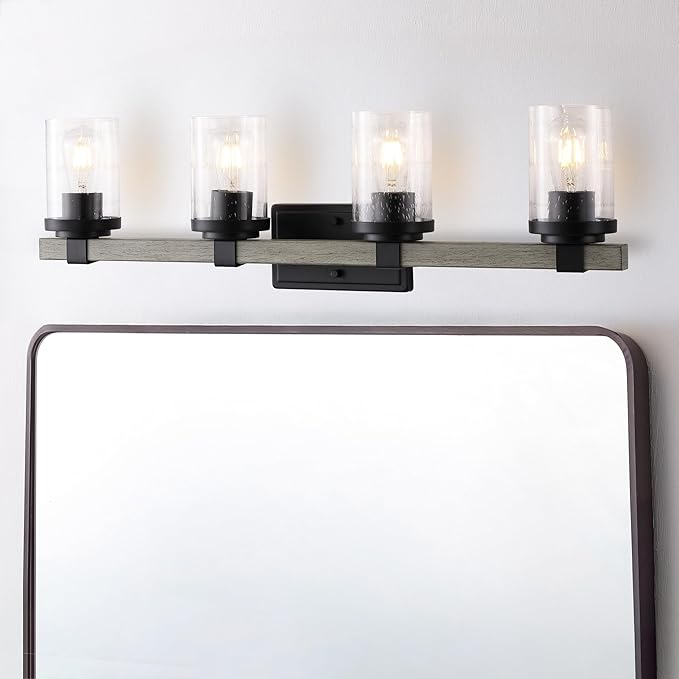 JONATHAN Y 32" Black/Gray Oak Wood Finish LED Vanity Light, Rustic Farmhouse Sconce, Clear Seeded Glass Shade, Industrial Wall Lamp for Bathroom Mirror, Kitchen Sink, LED Bulb (JYL7510B)