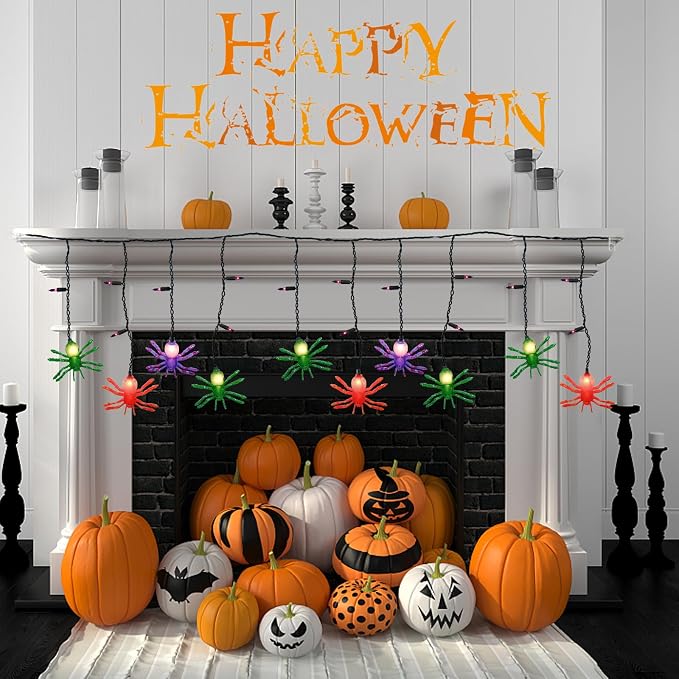 Halloween Spider String Lights, 7Ft Halloween Decorations Lights with 10 LED Colorful Spider Lights 15 Mini Purple Bulbs, Hanging Fairy Lights UL Listed for Outdoor Curtain Porch Bar Party Decor