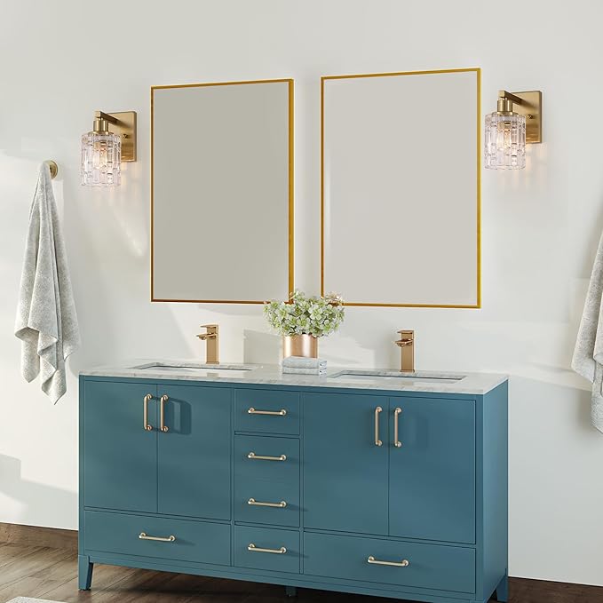 1 Light Brushed Gold Bathroom Vanity Light Over Mirror, Modern Vanity Lighting with Crystal Glass Shade, Wall Mount Bathroom Light Fixtures, E26 Base