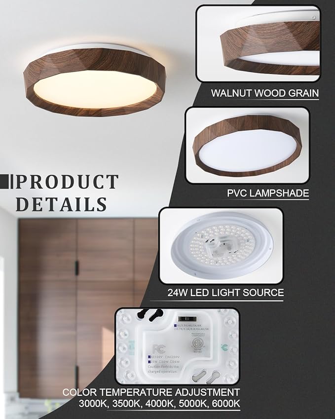 ANYLOVE 15 inch LED Flush Mount Ceiling Light Fixture,3000K 4000K 5000K Adjustable Ceiling Lights, Farmhouse Oak Wood Grain Ceiling Light for Bedroom Hallway Bathroom Kitchen