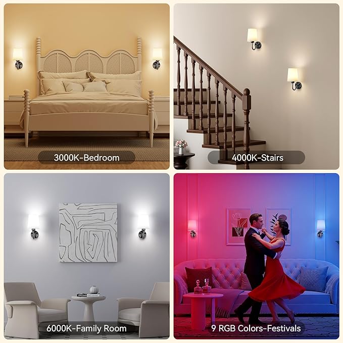 Ouyulong Battery Operated Wall Sconces Set of 2 Wireless Rechargeable Dimmable Wall Light with RGB Bulb and Remote for Bedroom, Living Room, Hallway (Black)