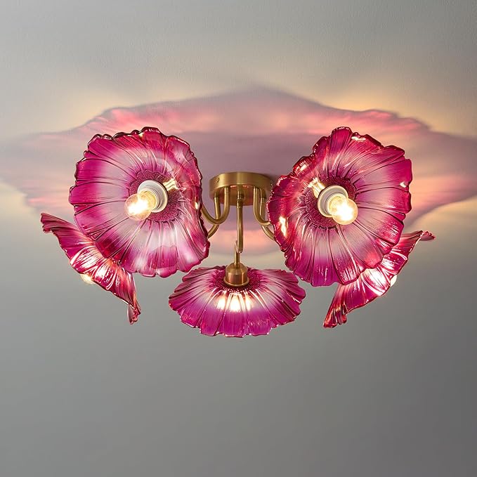 Flower Glass 5 Lights Ceiling Light - Red Vintage Floral Semi Flush Mount Chandelier Lighting Fixtures - Mid Century Modern Art Deco Lamp for Bedroom Bathroom Hallway Hall Laundry Kitchen Dining Room