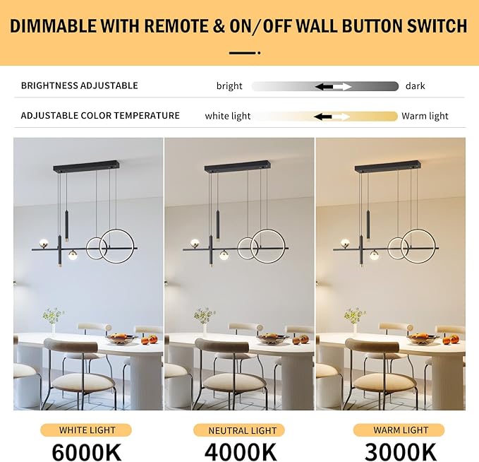 ORANOOR Modern LED Pendant Lights, Dimmable 39in Linear Wave LED Chandelier Lighting, Black & Gold Dining Room Hanging Light Fixtures Kitchen Island Globe Pendant Light for Dining Table (2704lm)