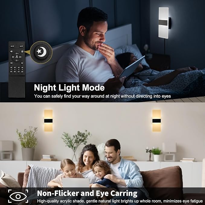 GOODATE 4 Pack Plug in Wall Sconces with Remote Control, Dimmable, Adjustable 3000K-6500K Colors, Black 12W Acrylic LED Plug in Wall Light, Wall Lamps for Bedroom Living Room Hallway Stair