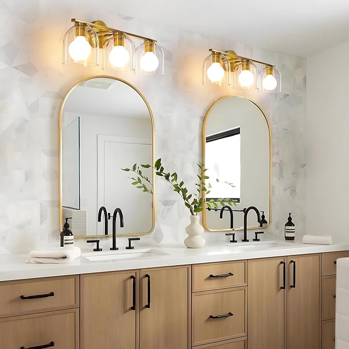 WOSHITU Bathroom Vanity Light Fixtures: 23.3 Inch Modern Brushed Gold Bathroom Light Fixtures Over Mirror with Clear Glass Shade, 3-Light Bathroom Lights Above Mirror