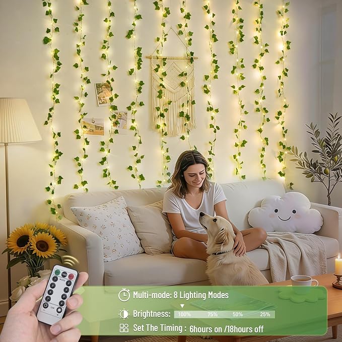 JMEXSUSS Vine Lights for Bedroom, 200 LED Vines Fairy Lights, Artificial Ivy Leaf Light for Wall Curtain Wedding Party Christmas Indoor Decor, 6.5ft x 6.5ft with Remote
