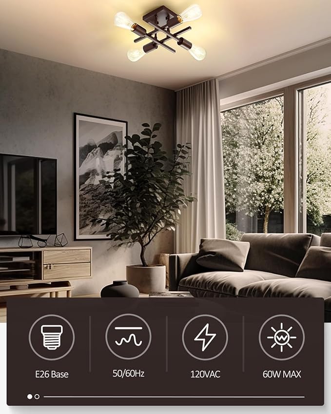 Industrial 4-Light Semi Flush Mount Ceiling Light Fixture, Modern Oil Rubbed Bronze Chandelier Lighting, Farmhouse Sputnik Ceiling Lamp with E26 Bulb Base for Living Room Hallway, 2 Pack