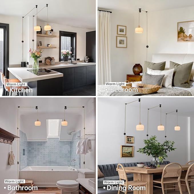 Shenmoyl Plug in Pendant Light Hanging Light Fixture Corded On/Off Switch Brass Pendant Light with White Striped Glass Lampshade for Bedroom Living Room Kitchen Island
