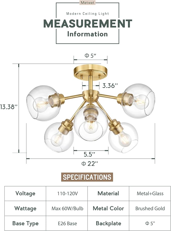 6-Light Semi Flush Mount Ceiling Light, 22" Modern Light Fixtures Ceiling Mount with Globe Clear Glass Shade, Brushed Gold Light Fixtures for Kitchen Entryway Bedroom, SM195-BG-6