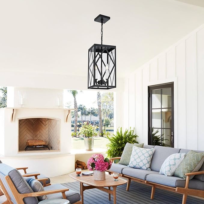 3 Lights Outdoor Pendant Light for Porch, Black & White Exterior Hanging Light Fixture with Clear Glass, Industrial Metal Cage Outside Chandelier Pendant for Porch Entryway Front Door Doorway