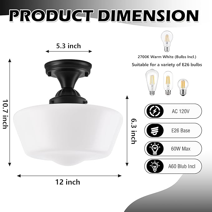 Schoolhouse Light Fixture, 12'' Mid Century, Milk Glass, Semi Flush Mount Ceiling Light for Bedroom Kitchen, Black, Incl. LED Bulb