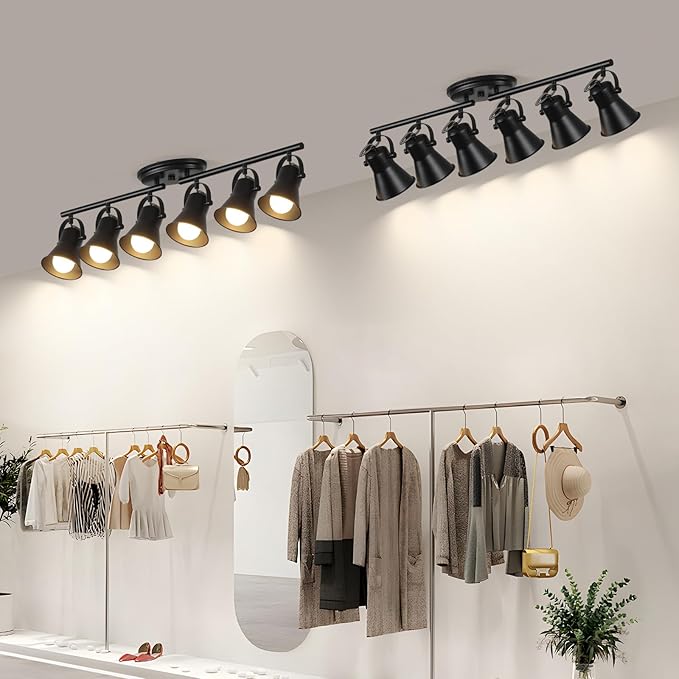 KEESFU 6-Light Track Lighting Kit,Black Semi Flush Mount Ceiling Light with 6 Rotatable Light Heads,Modern Accent Lighting for Livingroom,Bedroom,Hallway,Art Wall,Bathroom,Kitchen.(6-Light)