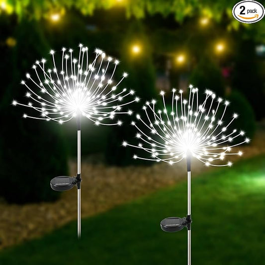 Slyuexu Solar Garden Lights Outdoor Waterproof, 2 Pack 120 LED Solar Firework Lights Decorative Garden Décor Outside for Flowerbed Pathway Party Christmas Decoration, White