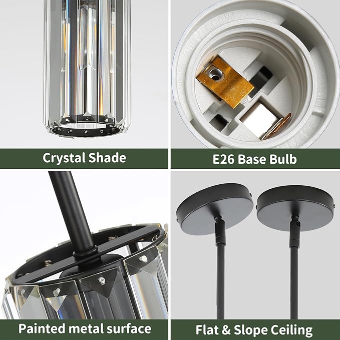 Modern 3-Pack Black Pendant Lights for Kitchen Island, 1-Light Mini Crystal Chandeliers Set with E26 Base, Small Hanging Luxury Fixture for Dining Room, Bedroom, Foyer and Hallway