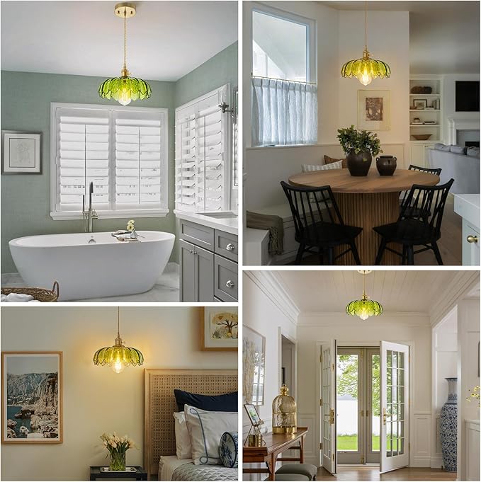 EDSILIVE Vintage Flower Glass Pendant Lights Kitchen Island 9.84" Antique Flower Green Glass Hanging Ceiling Light Fixture with Adjustable Brass Twine Wire for Dining Room Kitchen Table, Gold Green