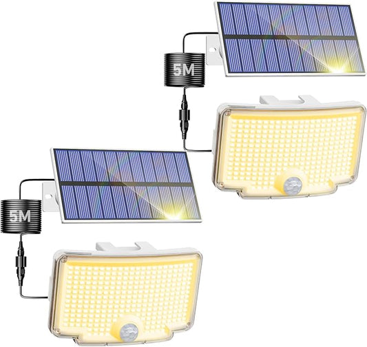 Peasur 2 Pack Solar Motion Lights Outdoor, 318 LED Solar Security Light with 3 Modes, IP65 Waterproof Powered Flood Lights for Outside Garden Backyard，Warm (White Frame)
