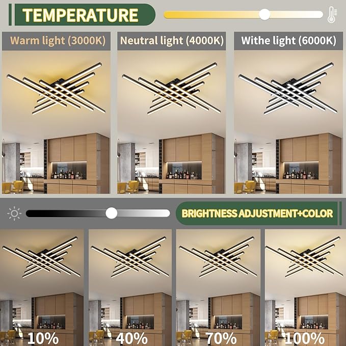 Flush Mount Ceiling Light Fixture 45.7" Modern Black Sputnik Dimmable LED Lamp with Remote Control Ideal for Bedroom Living Room Kitchen Room(8 Lights)