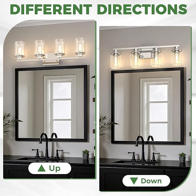 DORESshop 4-Light Vanity Light Fixtures, Nickel Bathroom Light Fixtures Over Mirror with Clear Glass Shade, Modern Vanity Lights for Living Room Bedroom