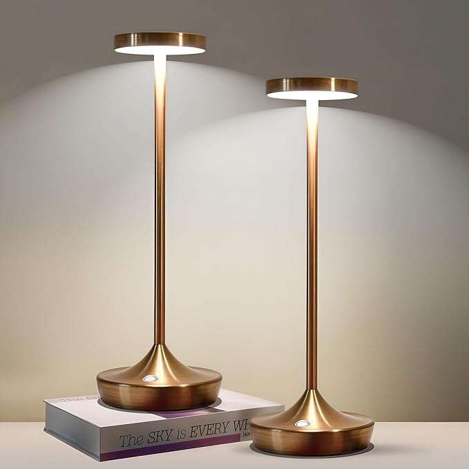 Set of 2 Cordless Table Lamps, Rechargeable 6000mAh LED Desk Lamps, Up to 60 Hours, Touch Control with 3-Level Dimming, Portable Waterproof for Restaurant, Dining Table, Patio & Home (Bronze)
