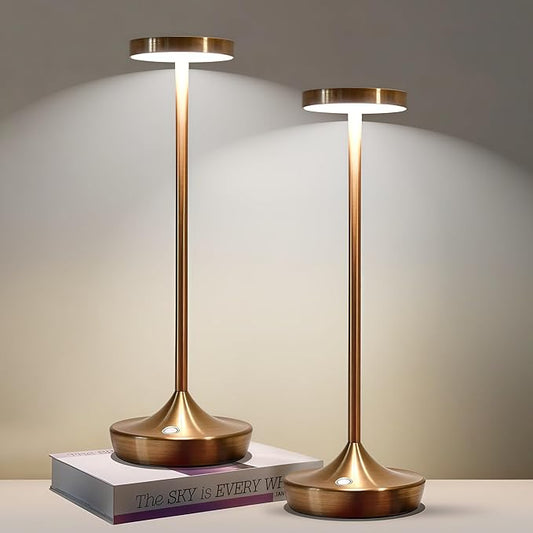 Set of 2 Cordless Table Lamps, Rechargeable 6000mAh LED Desk Lamps, Up to 60 Hours, Touch Control with 3-Level Dimming, Portable Waterproof for Restaurant, Dining Table, Patio & Home (Bronze)