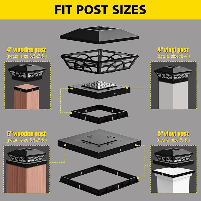 T-SUN Solar Post Cap Lights 12 Pack – Outdoor Waterproof Fence Lights for 3.5x3.5 4x4 5x5 5.5x5.5 Wood/Vinyl Posts, 2 Modes Warm White/White, Solar Deck Light for Patio, Garden, Porch (Black)