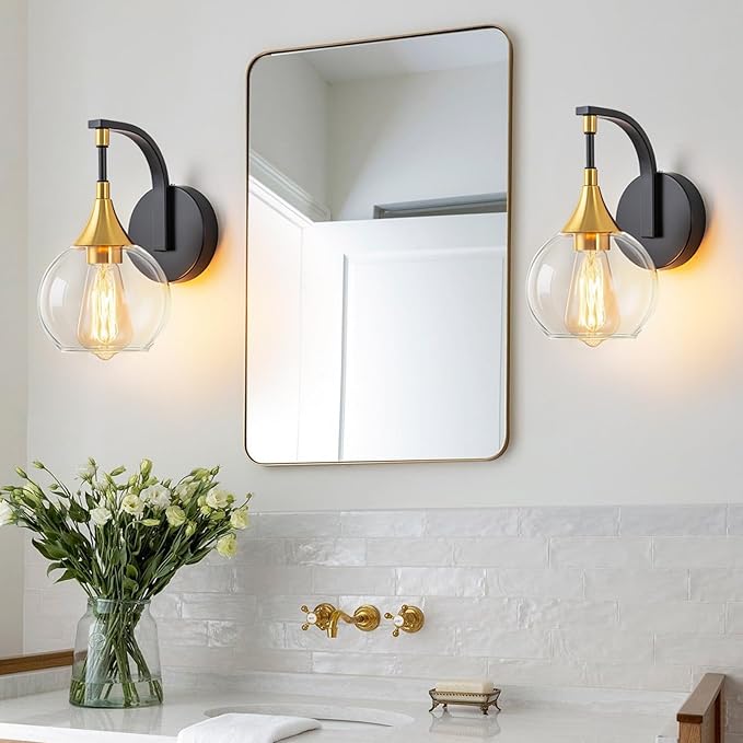 Indoor Wall Sconce, Black and Gold Wall Light Fixture with 4.9 Inches Clear Glass Shade, Bathroom Vanity Lights for Mirror, Bedroom, Hallway