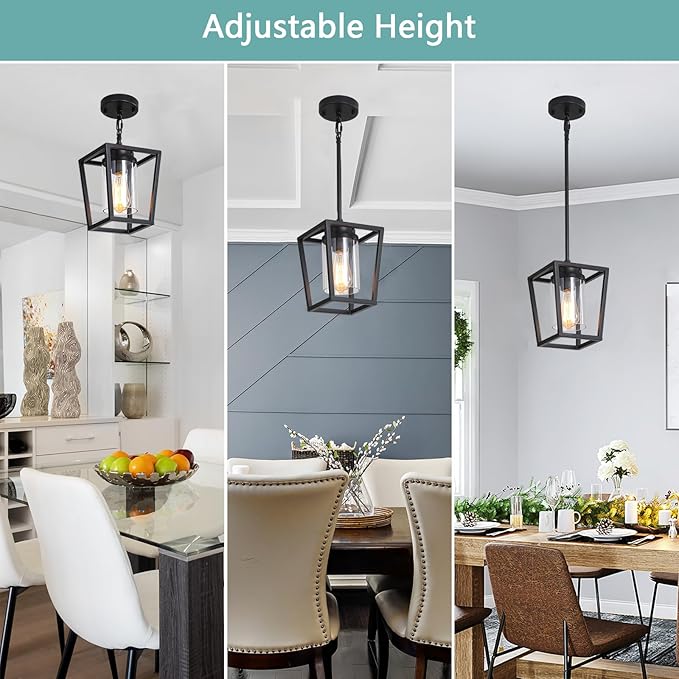 SGLfarmty Pendant Lights Kitchen Island, 1-Light Black Modern Farmhouse Adjustable Lantern Hanging Fixture with Glass Shade for Dining Room Entryway Hallway