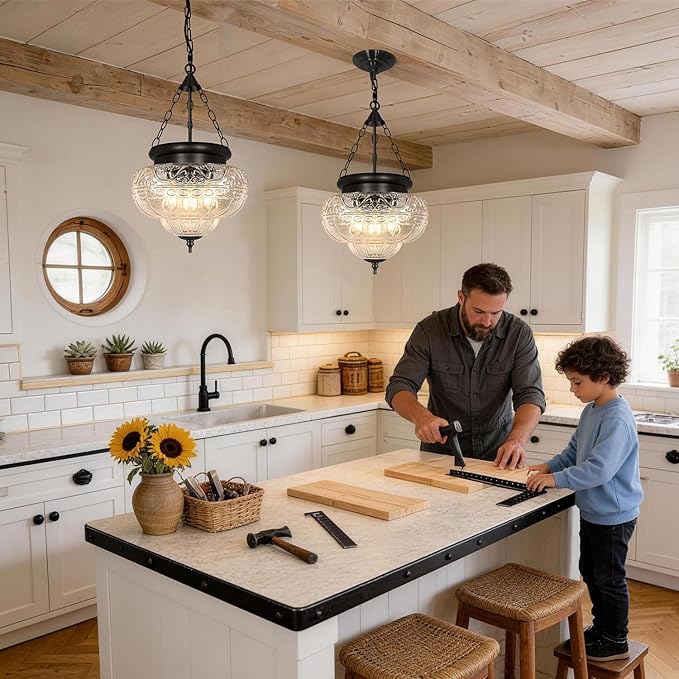 3-Light Matte Black Pendant Lights with 12In Floral Glass, Penant Lighting Fixtures with Adjustable Chain, Vintage Pendant Lights Kitchen Island, Hanging Light Fixtures for Dining Room, Entryway, E26