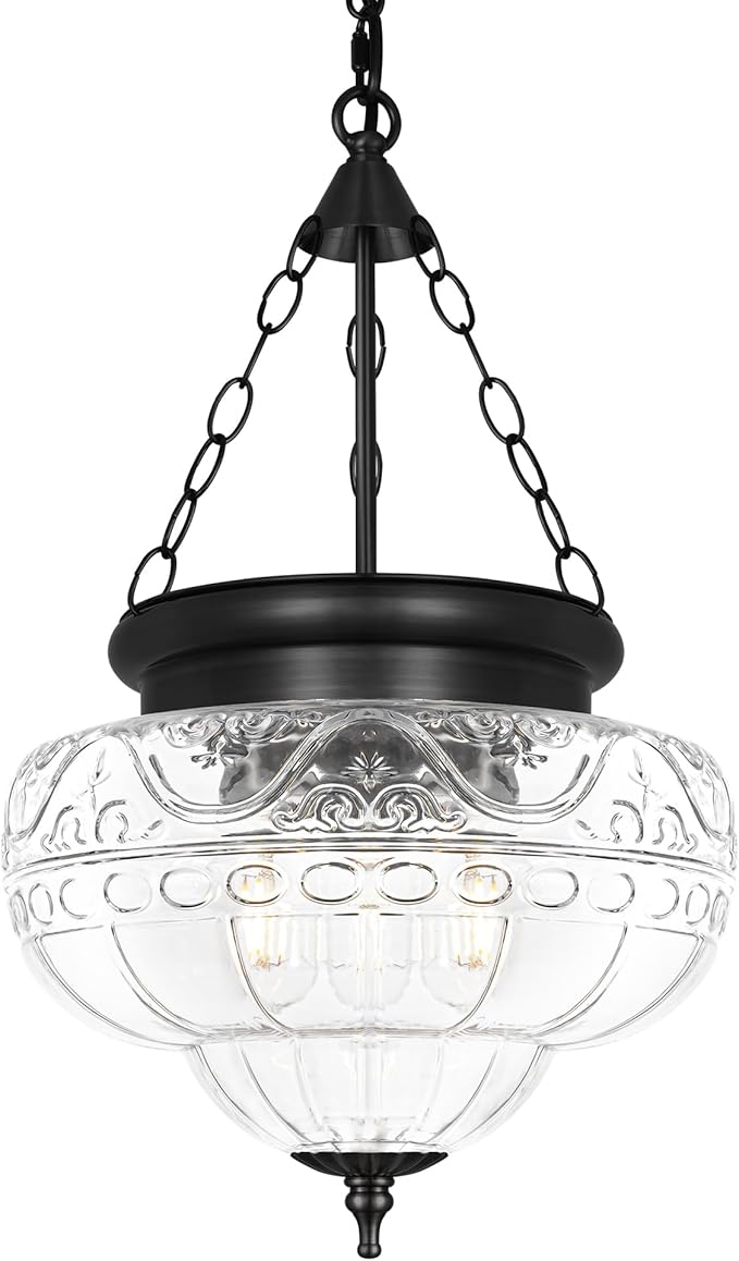 3-Light Matte Black Pendant Lights with 12In Floral Glass, Penant Lighting Fixtures with Adjustable Chain, Vintage Pendant Lights Kitchen Island, Hanging Light Fixtures for Dining Room, Entryway, E26