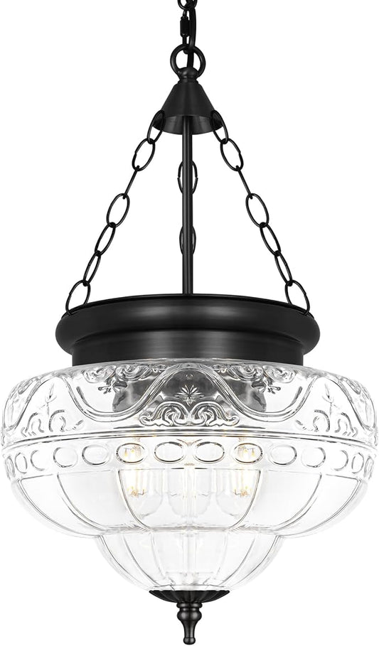 3-Light Matte Black Pendant Lights with 12In Floral Glass, Penant Lighting Fixtures with Adjustable Chain, Vintage Pendant Lights Kitchen Island, Hanging Light Fixtures for Dining Room, Entryway, E26