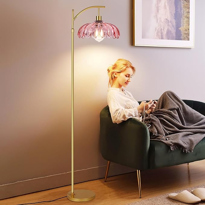QIYIZM Pink Floor Lamp for Living Room,Bedroom,Gold Dimmable Standing Lamp with Remote,Mid Century Modern Brass Tall Lamp Boho Floor Lamps Arc Stained Glass Flower Floor Light Lamp Girls kids Bohemian