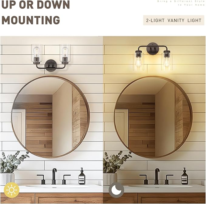 zeyu 2 Light Bathroom Vanity Light, Farmhouse Wall Sconce Lighting for Bathroom, Clear Glass Shade, Oil Rubbed Bronze Finish, ZS62B-2W ORB