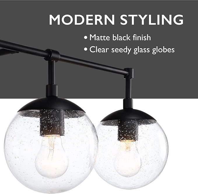 Design House Gracelyn Matte Black 3-Light Bathroom Vanity Light, Clear Seedy Glass Globes, Dimmable, 24 in. W, 588889-BLK